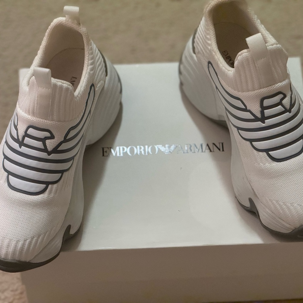 Emporio Armani White Slip-On Sneakers with Black Accents